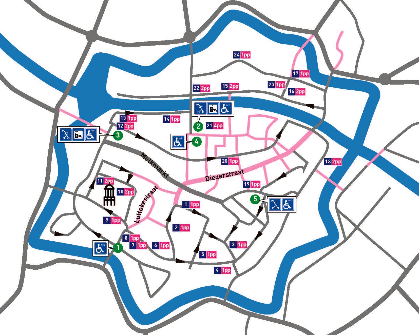 Kaart van de binnenstad van Zwolle, met de locaties van parkeerplaatsen en voorzieningen voor gehandicapten.