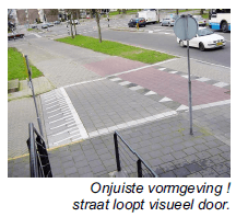 Onjuiste vormgeving doordat een straat door gebruikte kleuren verder lijkt door te lopen.