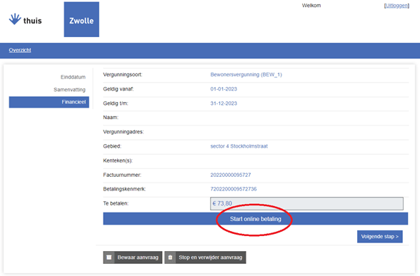 Knop met "Start online betaling"