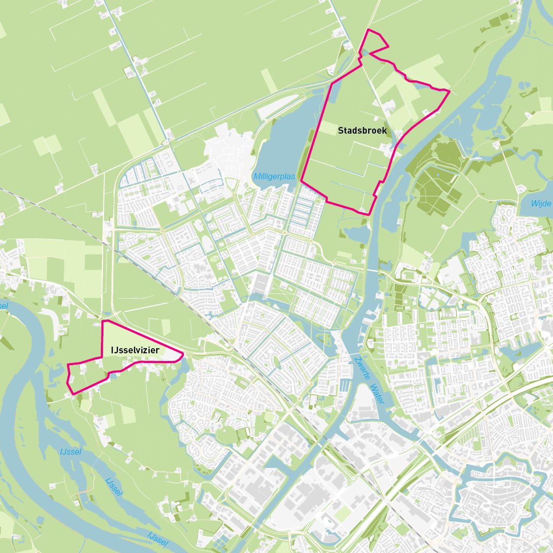 Stadsbroek ligt ten noordoosten van Stadshagen, IJsselvizier ten zuidwesten.