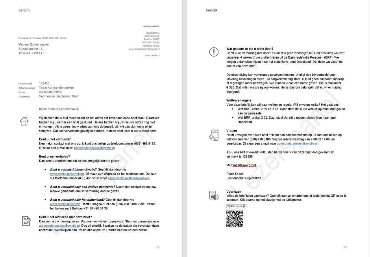 Brief Voornemen uitschrijven BRP Gemeente Zwolle