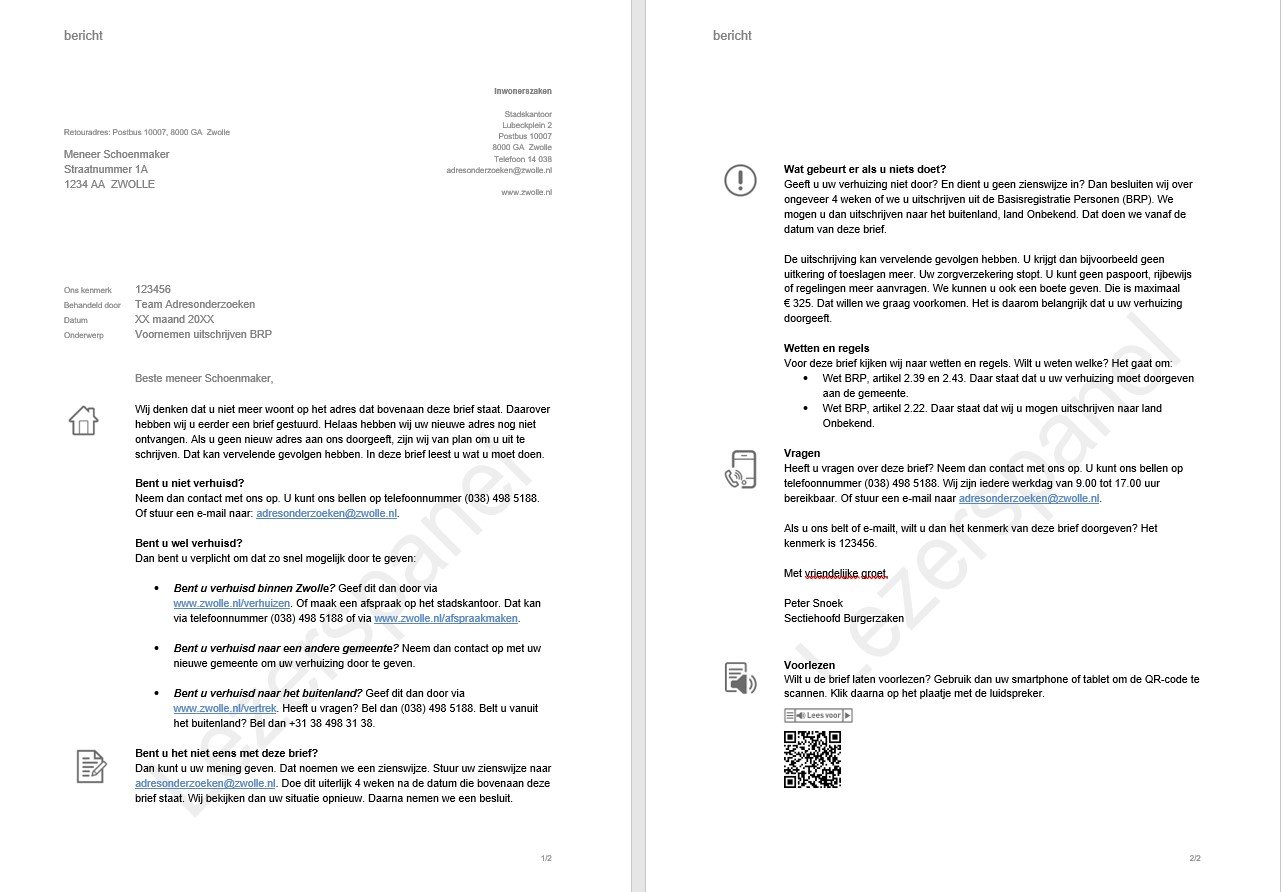 Brief Voornemen uitschrijving BRP, zoals inwoners deze in de brievenbus krijgen.
