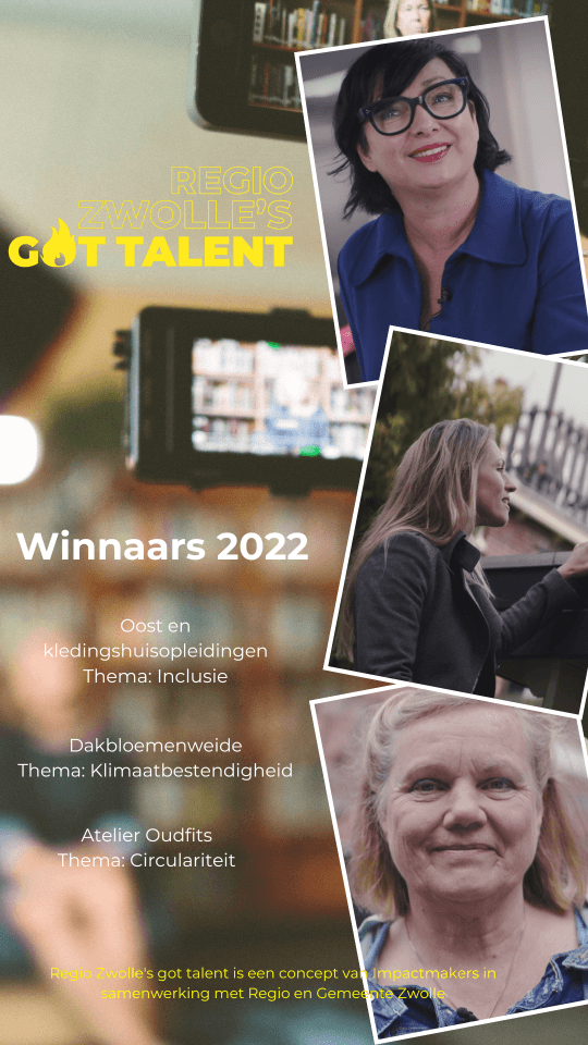 Zwolle's got talent: foto's van de 3 winnaars: Oost en kledinghuisopleidingen, thema Inclusie; Dakbloemenweide, thema Klimaatbestendigheid; Atelier Oudfits, thema Circulariteit.
