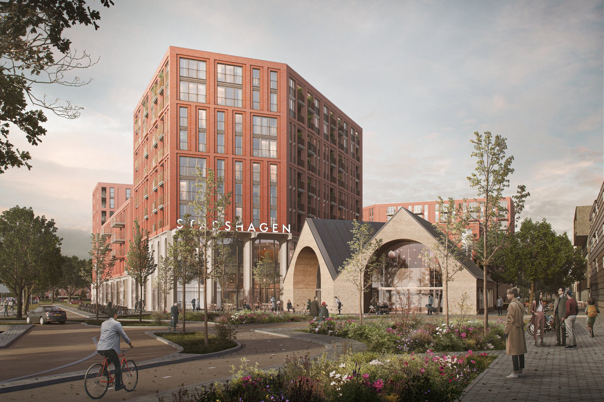 Impressie van de zuidkant van het nieuwe winkelcentrum Stadshagen