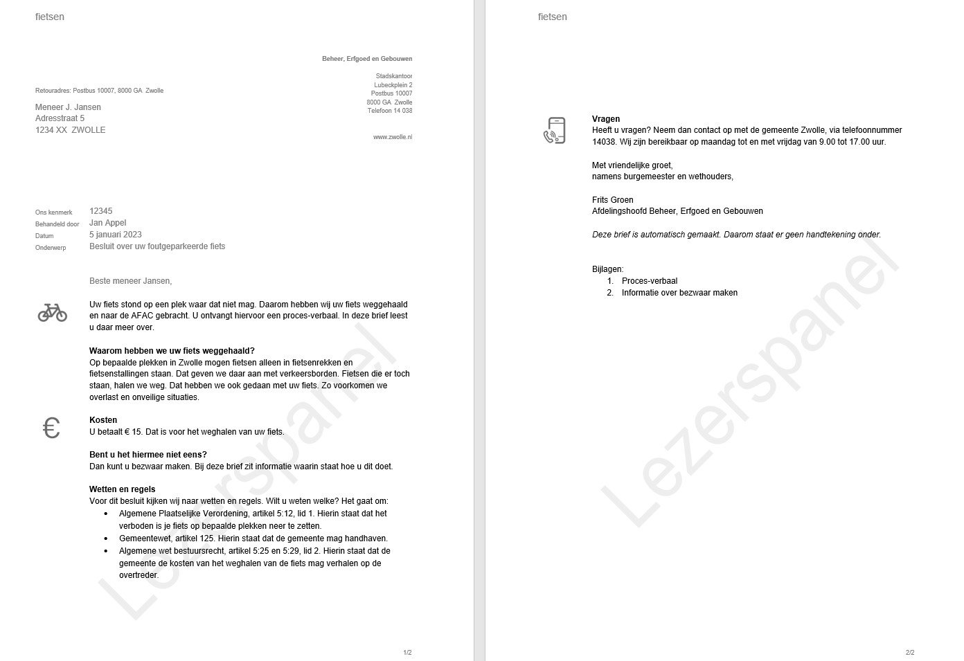 Brief Besluit foutgeparkeerde fiets, zoals deze op de mat is beland.