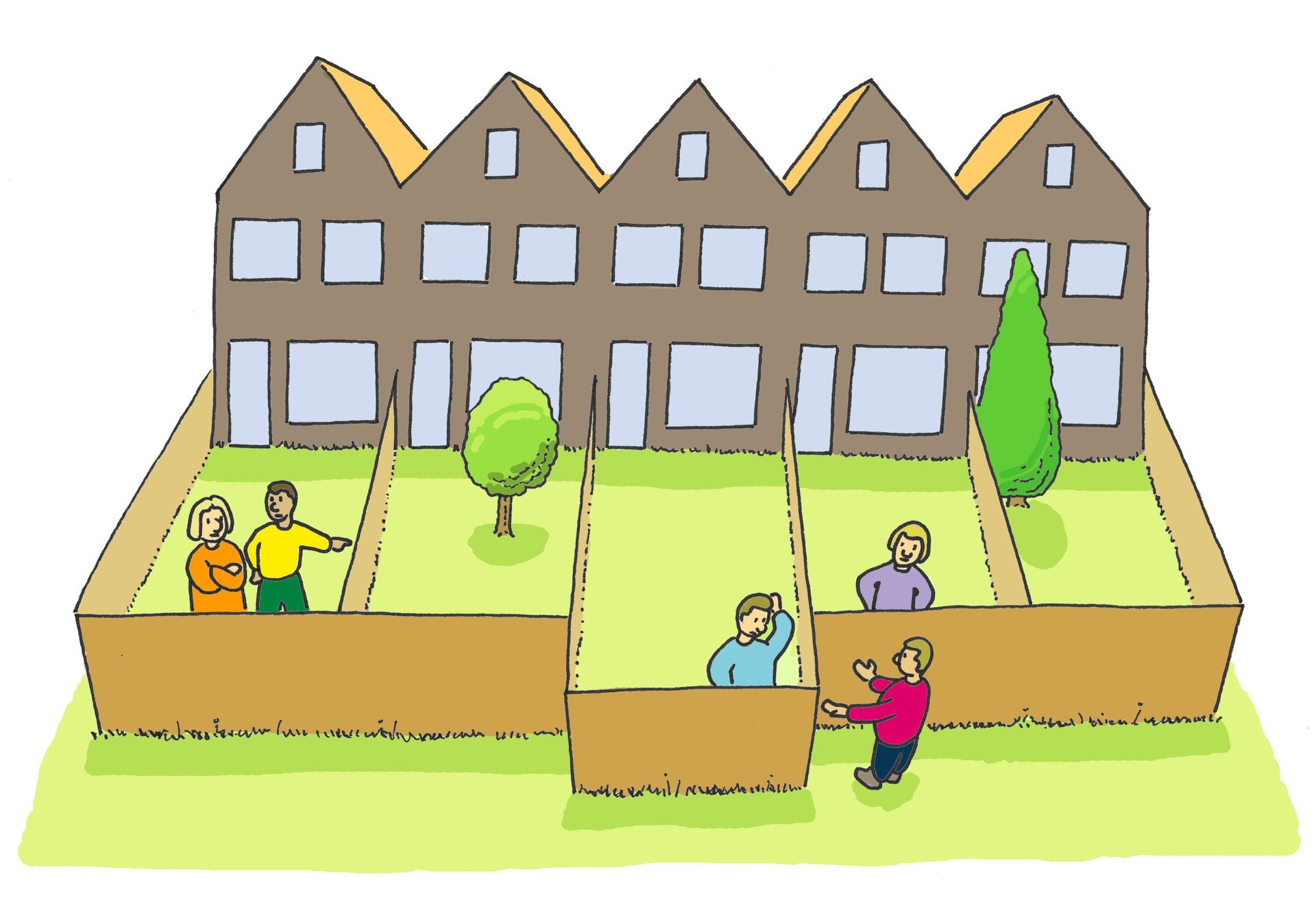 Cartoon huizen met tuintje en pratende buren (Ruben Bongenaar)