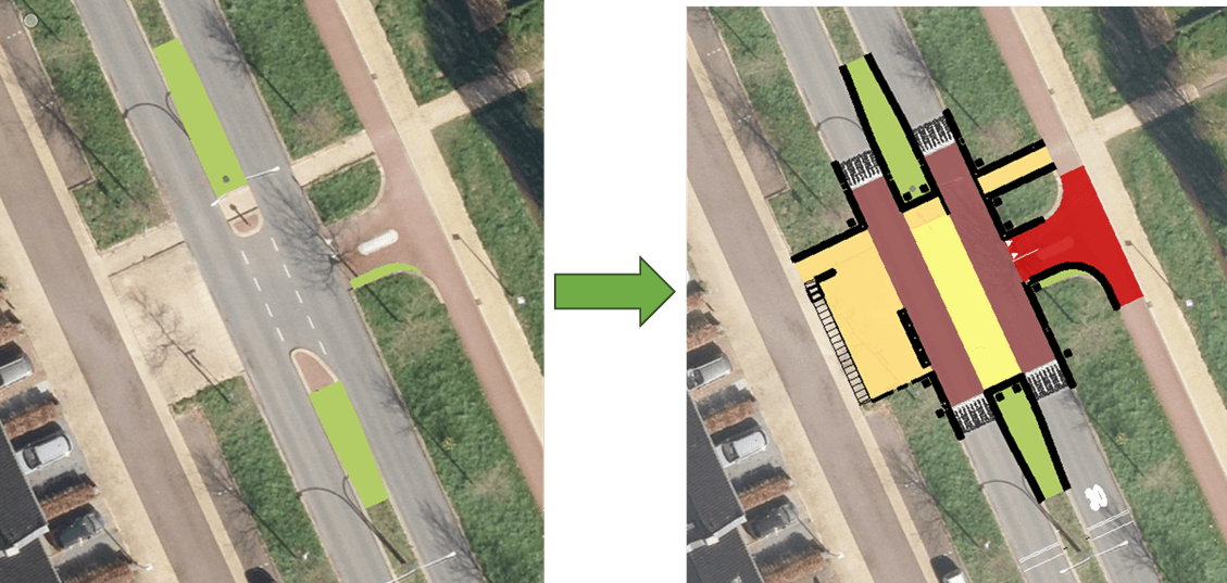 Op dit kruispunt begint de 30km/u-zone. Het asfalt vervangen we door straatstenen. Dit kruispunt wordt een lange drempel. Hierdoor remt het verkeer af. De doorgaande rijstroken worden smaller. Hierdoor is er meer wachtruimte voor overstekende voetgangers en fietsers.