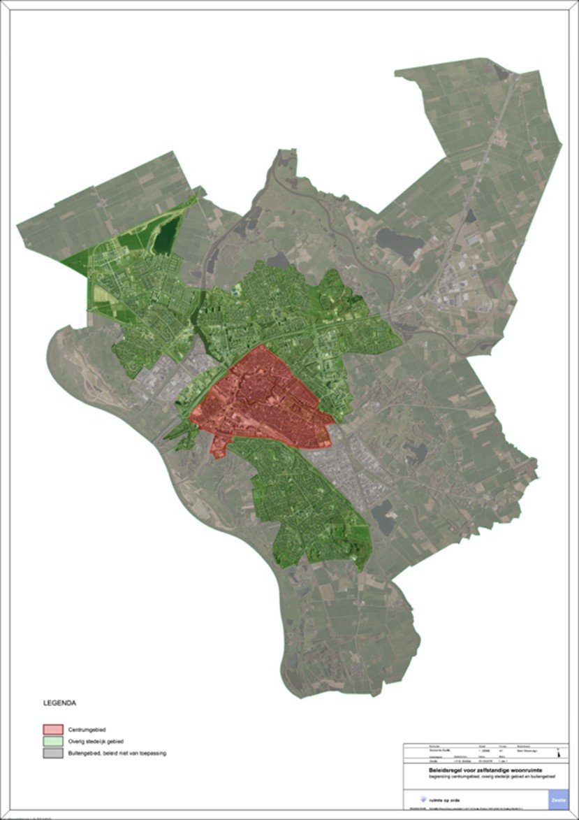 Er zijn verschillende zones in Zwolle met verschillende regels voor het splitsen van woonruimte: Het centrumgebied, het overig stedelijk gebied en het buitengebied. Op de kaart zijn die verschillende delen weergegeven.