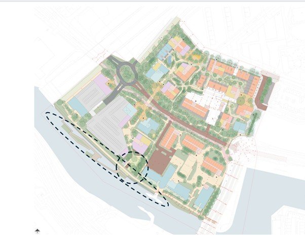 Plekken aan het water bij de stadswerven omcirkeld op de kaart