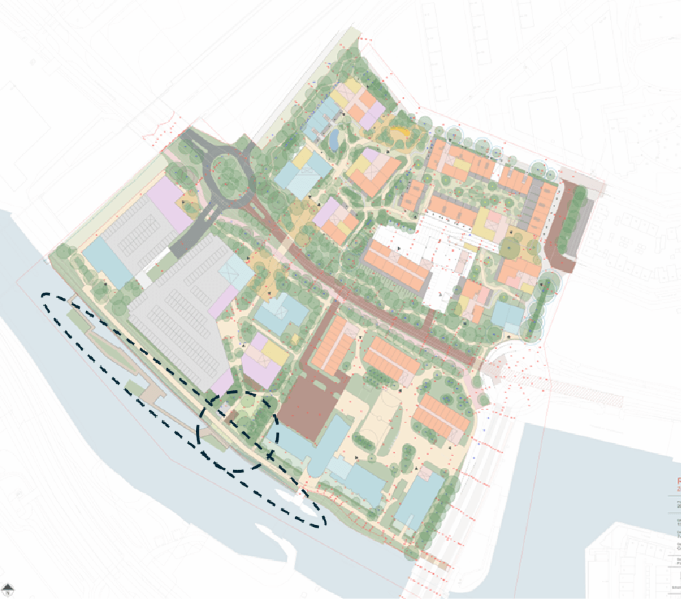 Kaartje van de waterkant van Stadswerven in het Roelenkwartier 