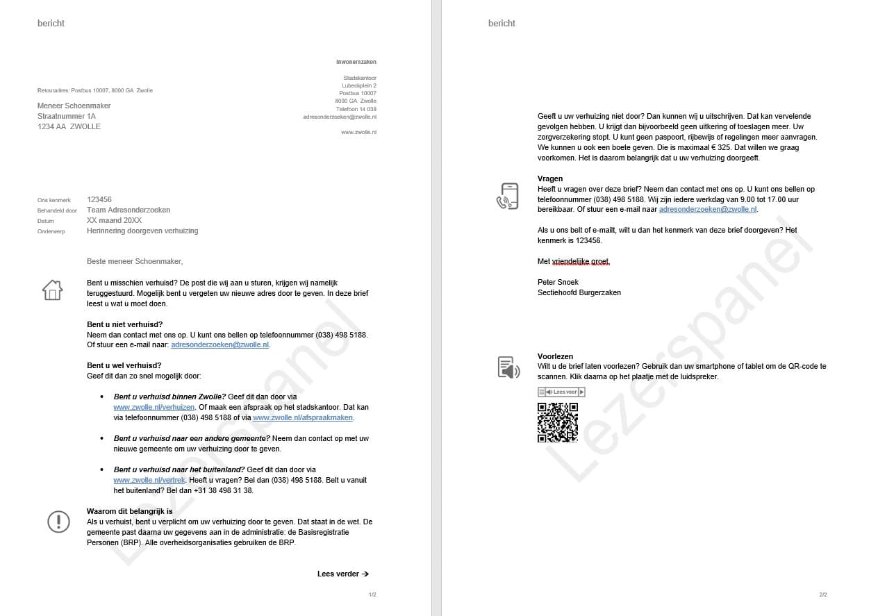 Brief Herinnering doorgeven verhuizing, zoals inwoners deze in de brievenbus krijgen.