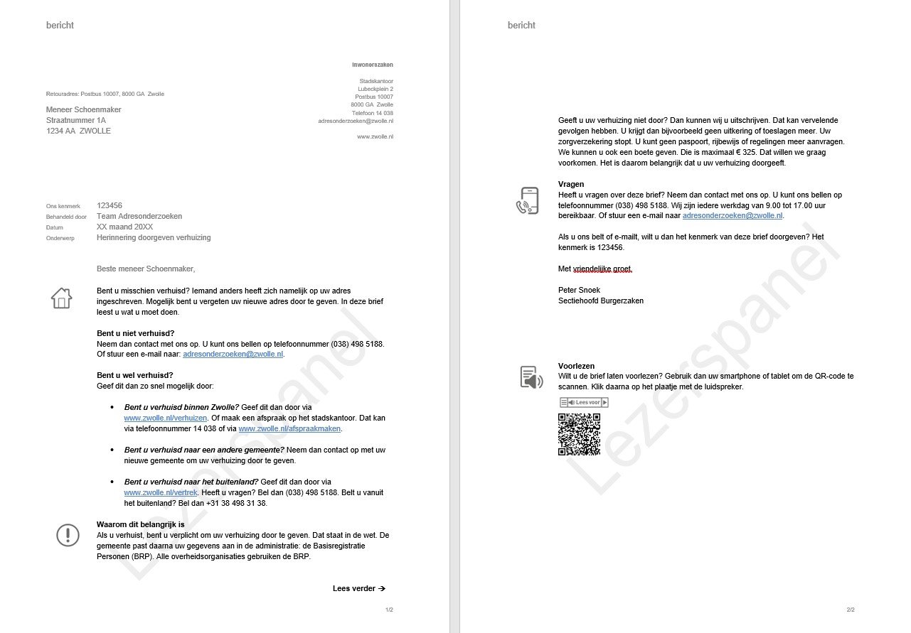 Brief Herinnering doorgeven verhuizing ivm inschrijving andere persoon op adres, zoals inwoners deze in de brievenbus krijg