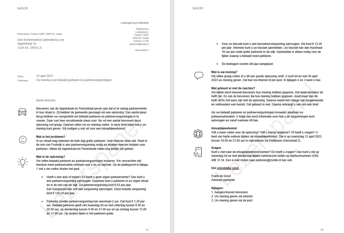 Brief lezerspanel parkeervergunning en betaald parkeren 2023