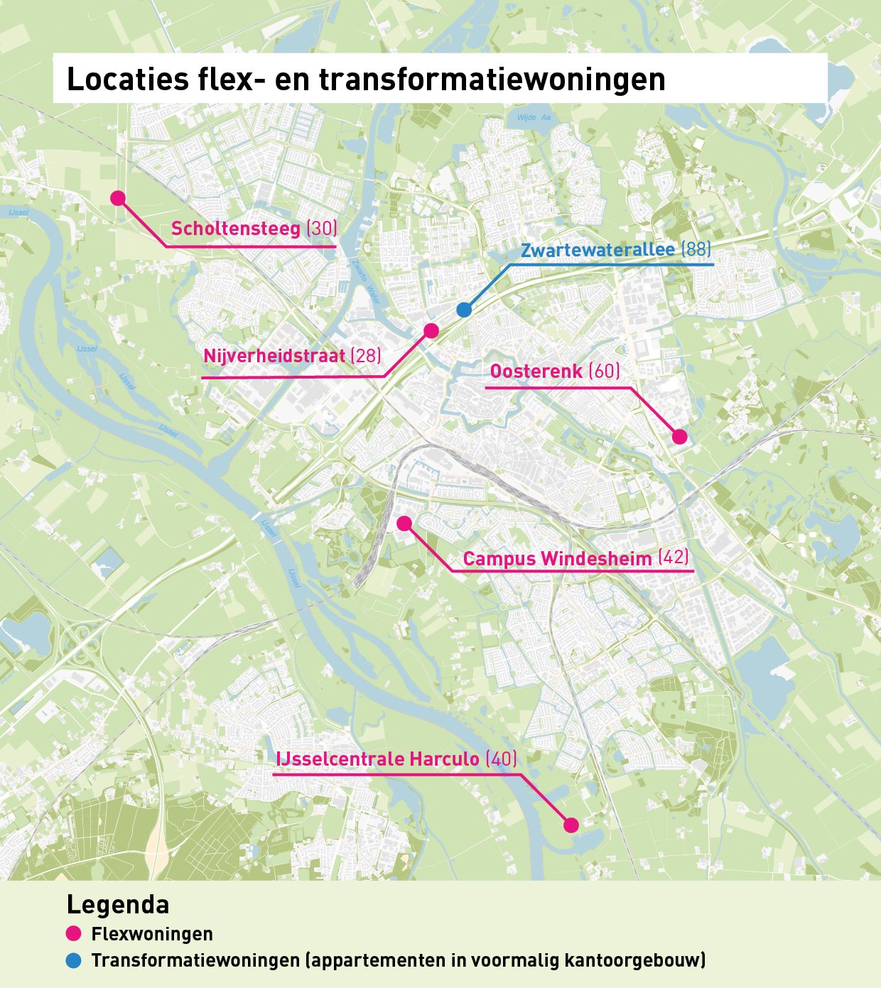 plattegrond van Zwolle met locaties flexwoningen en appartementen in voormalig kantoorgebouw