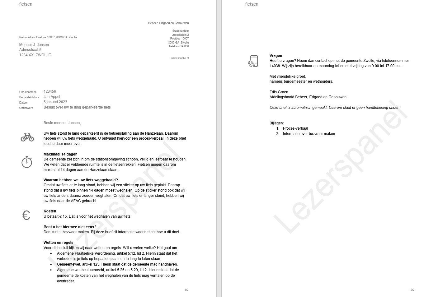 Brief Besluit te lang geparkeerde fiets Hanzelaan, zoals deze op de mat is beland.
