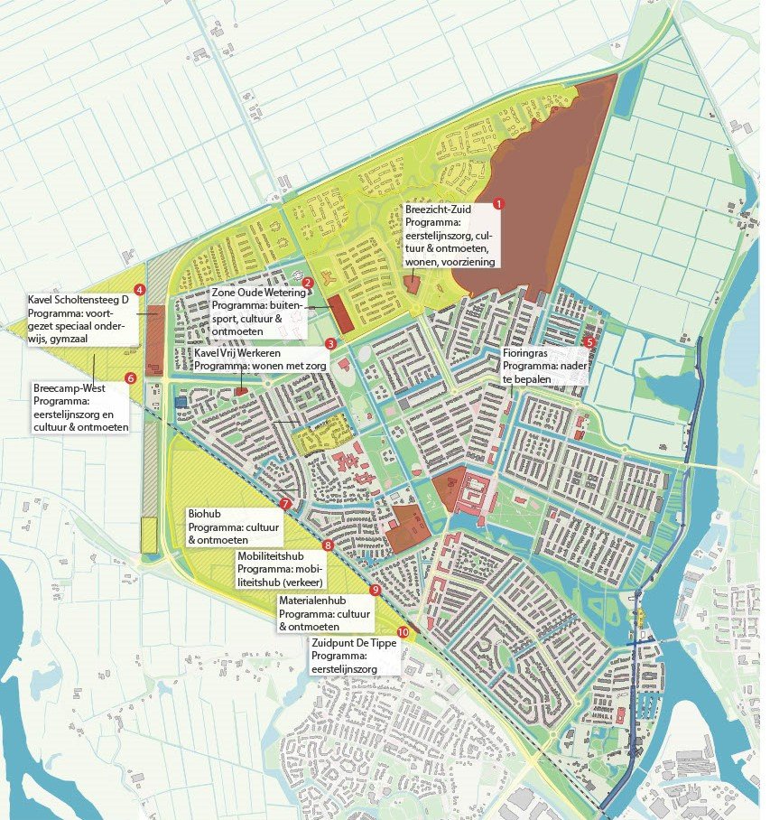 Kaart met locaties van 10 voorzieningenkavels in Stadshagen
