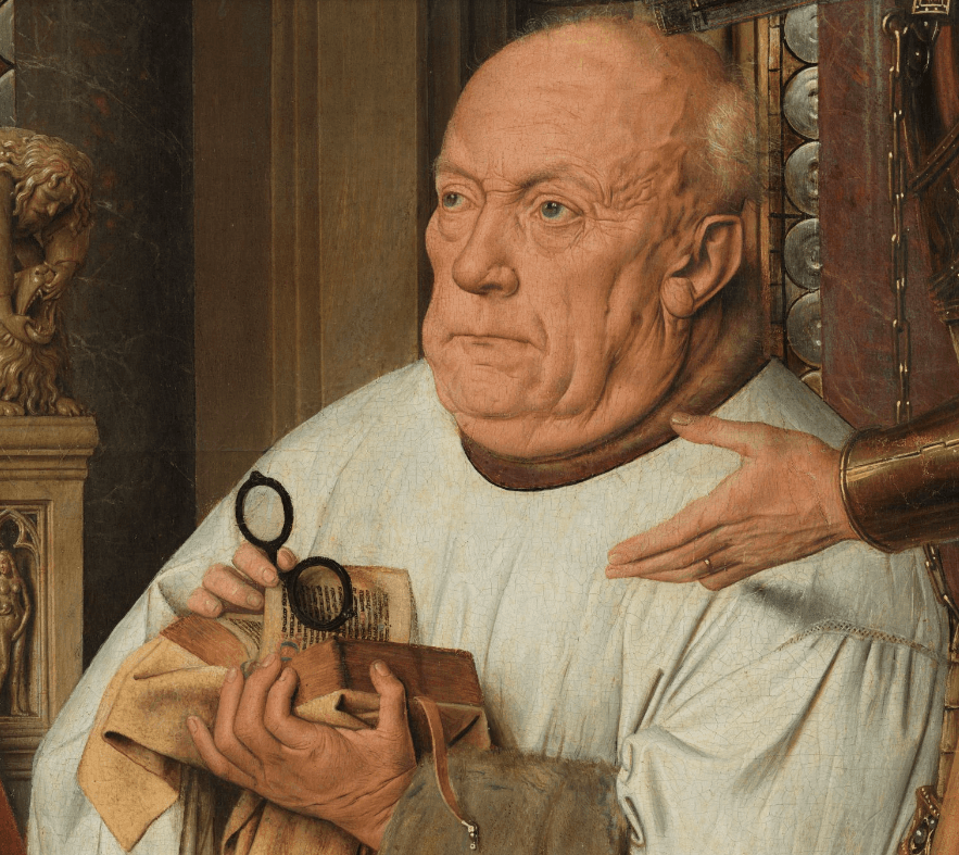 Uitsnede schilderij Madonna met kanunnik Joris van der Paele uit 1436