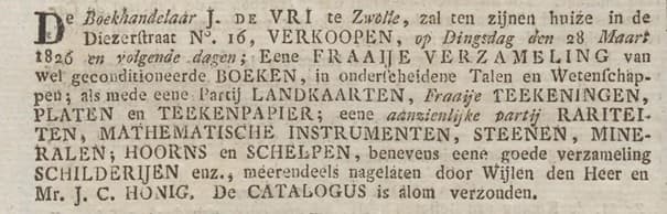 Advertentie voor de verkoop van de inboedel van mr. J.C. Honig (Overijsselsche Courant, 21 maart 1826)