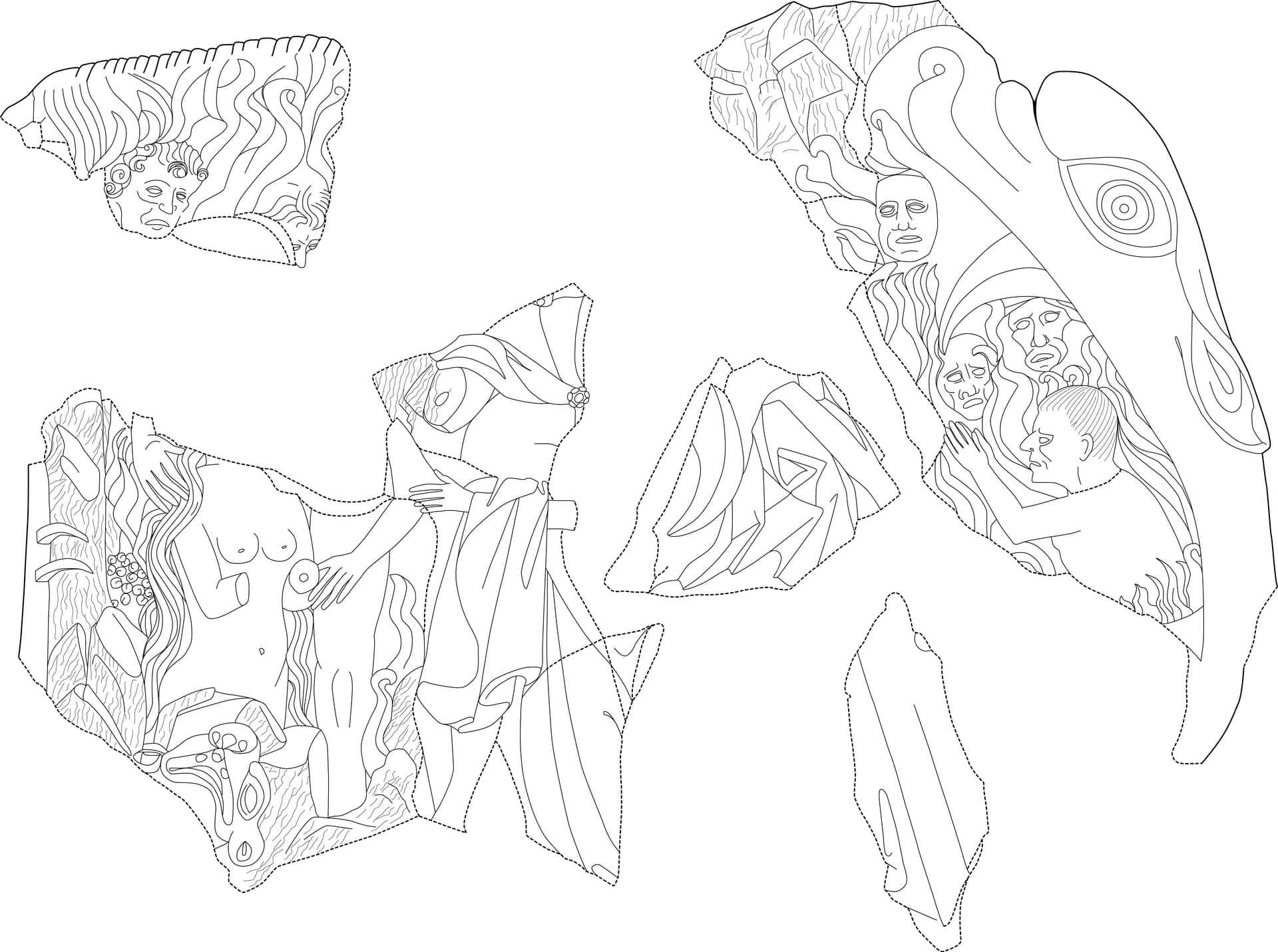 Reconstructietekening van de tableaufragmenten.