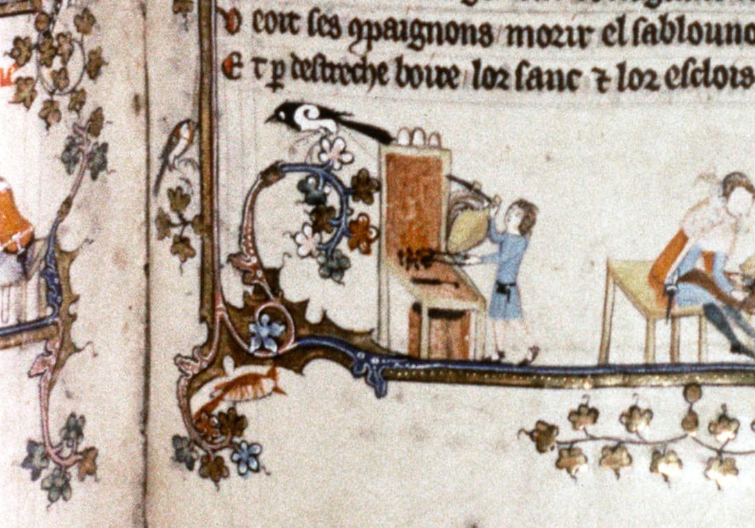 Uitsnede van de Romance d'Alexandre uit de twaalfde eeuw met daarop een vergelijkbare smeedoven (Bodleian Library Oxford).