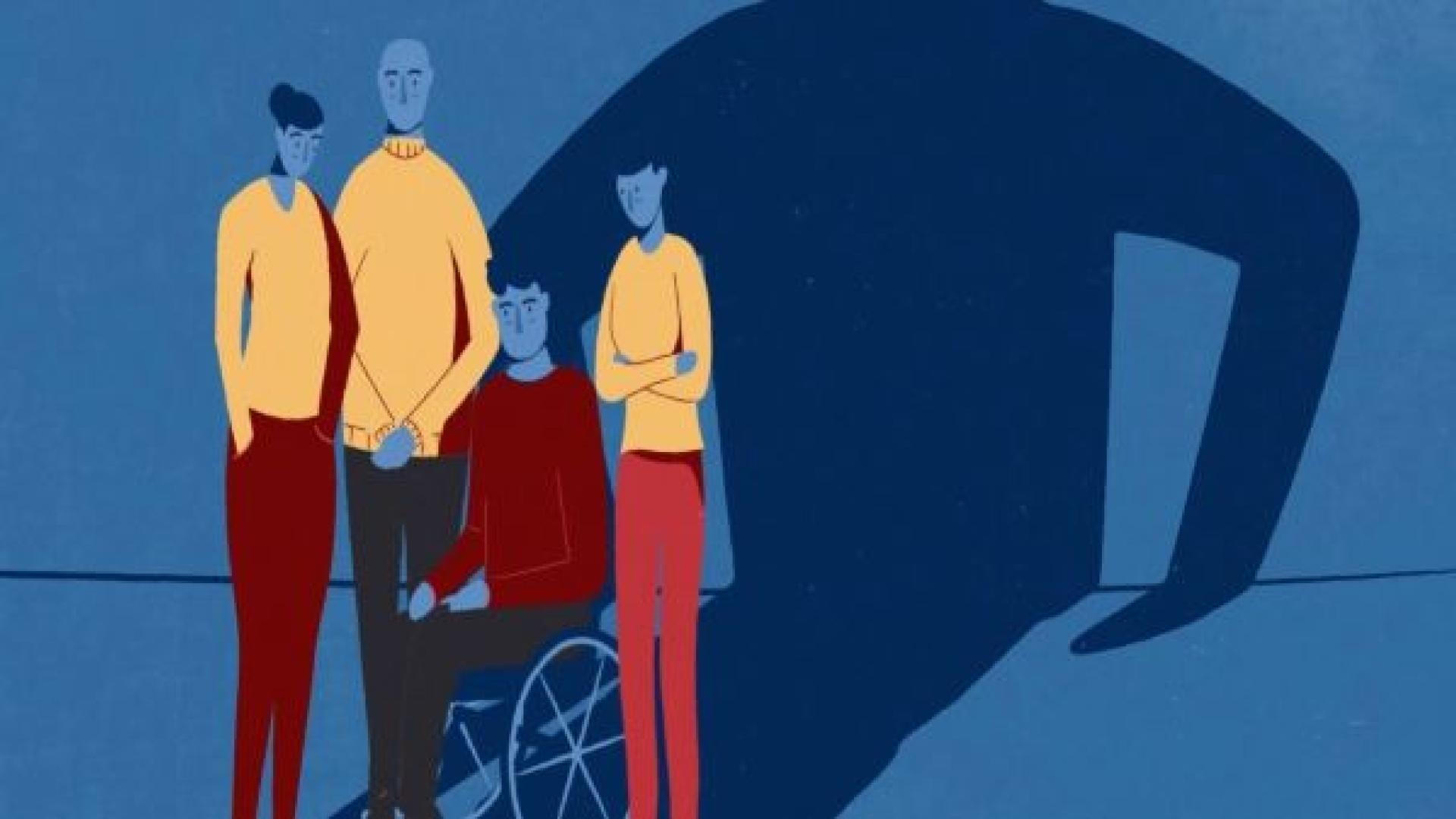 Illustratie met drie mensen die een persoon in een rolstoel bedreigen.